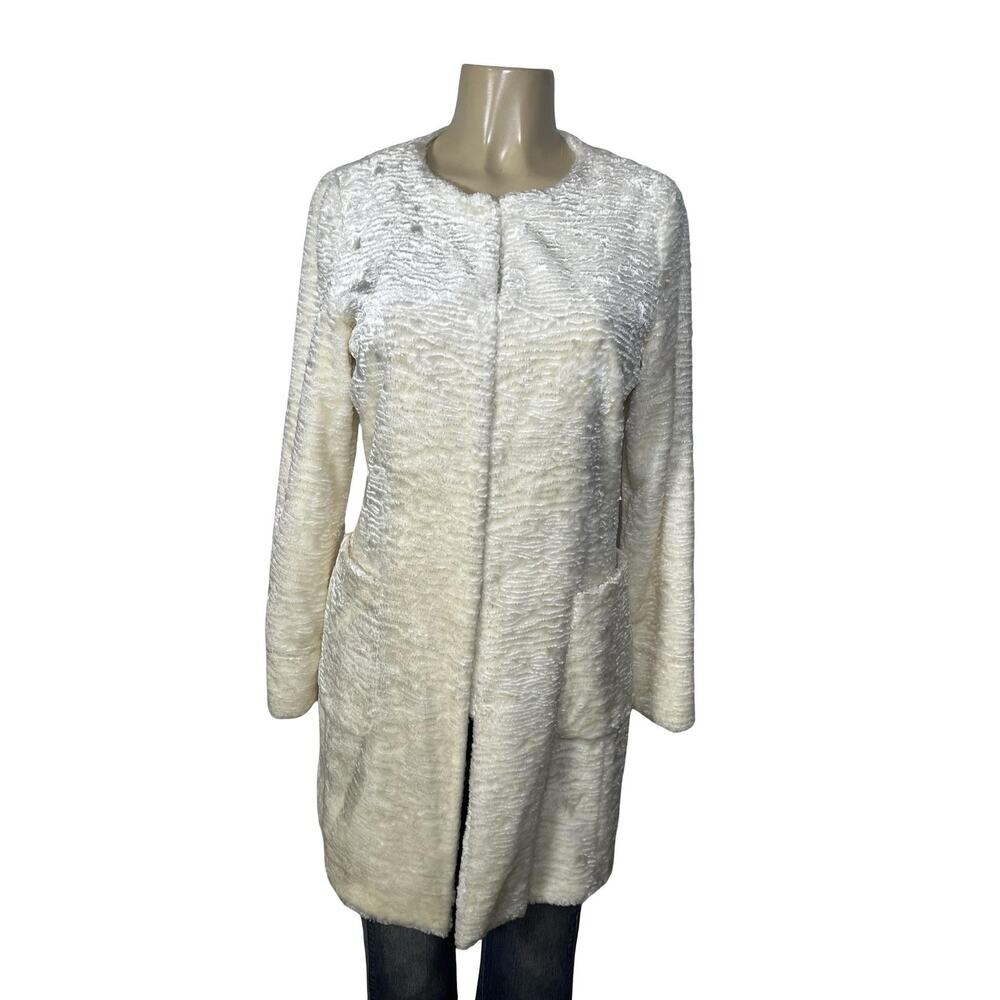 Lauren Ralph Lauren‎ Coat Womens Medium White Faux Fur Collarless Lined Overcoat